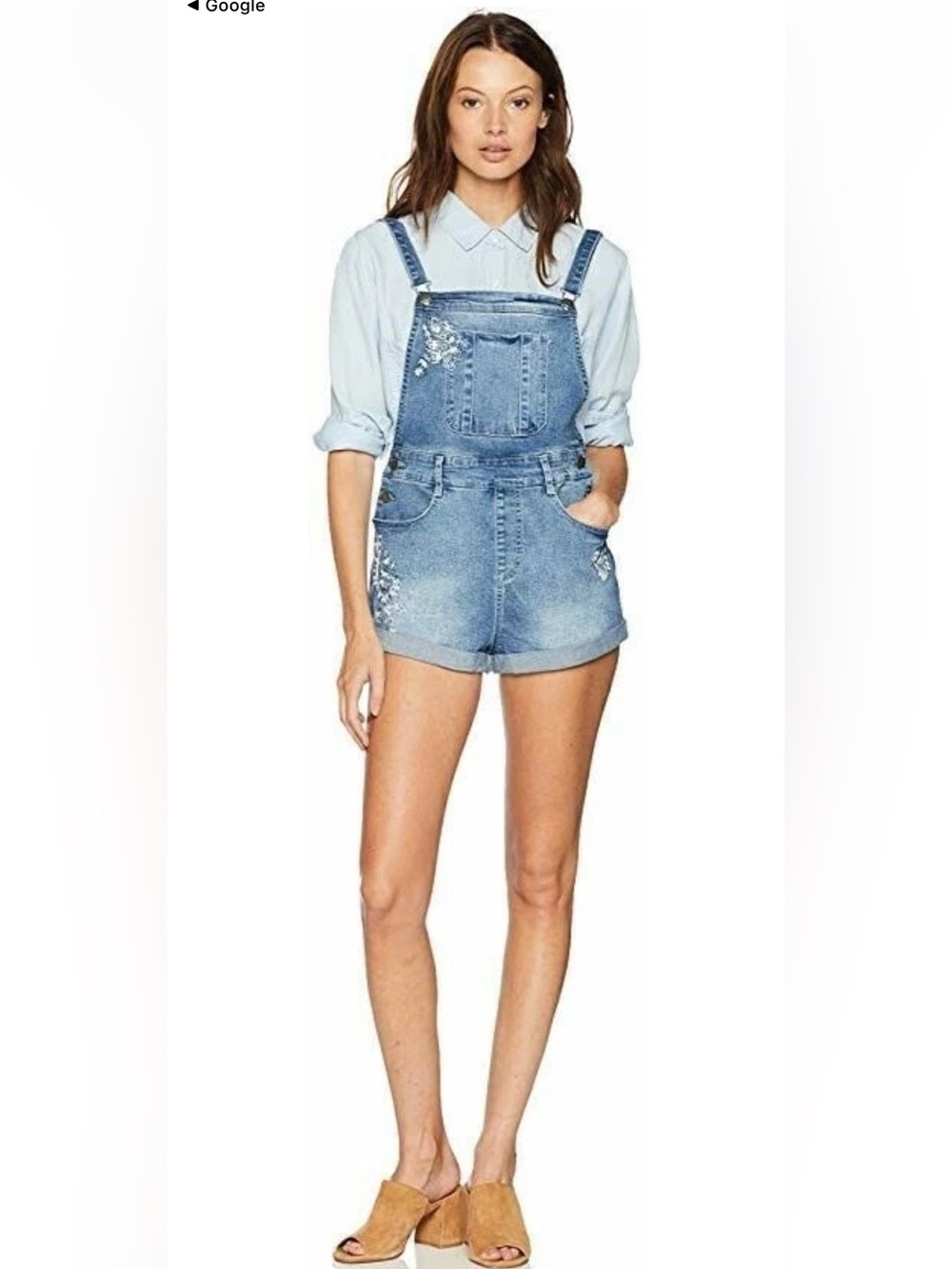 BB Dakota Light Blue Denim Short Overalls with Embroidered Detail
